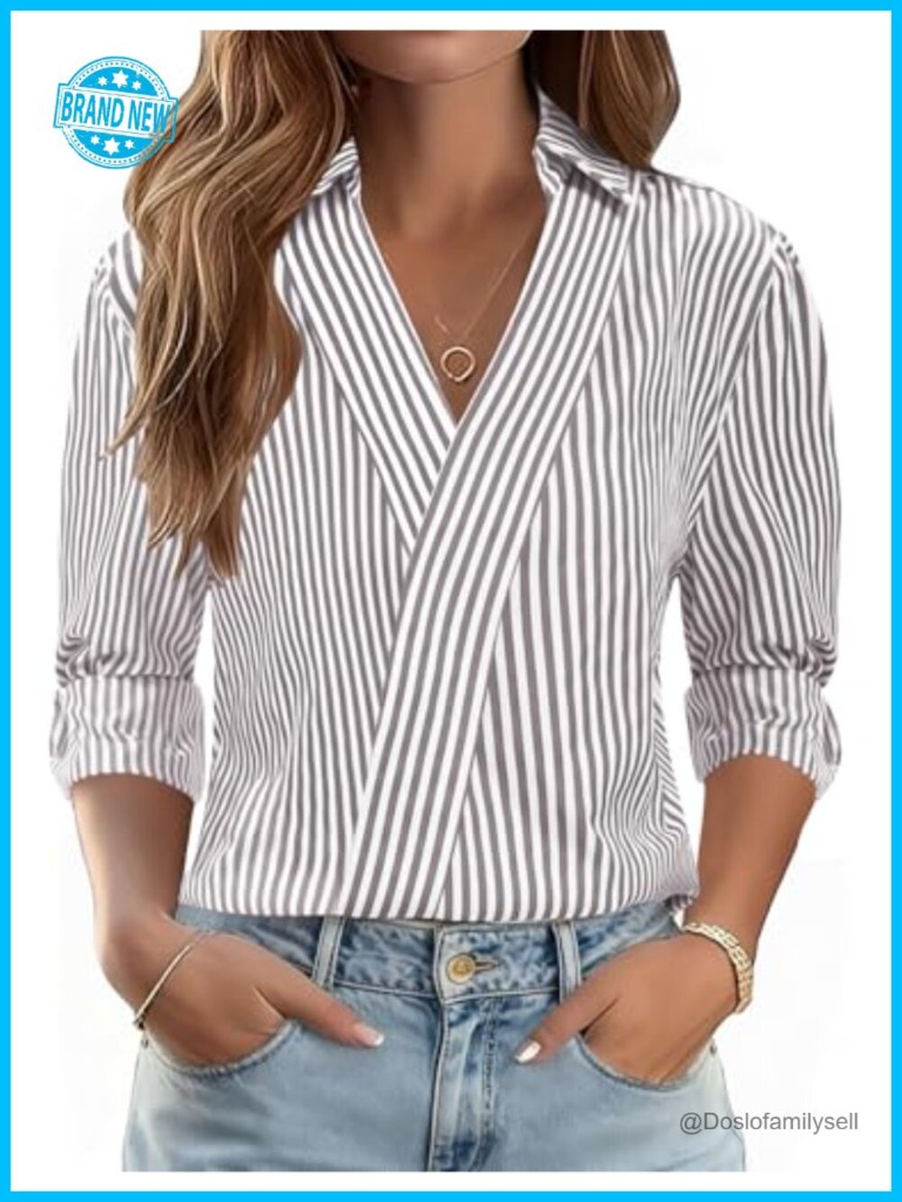 LOMON 3/4 Sleeve V Neck Collared Dressy Blouse - Business Casual